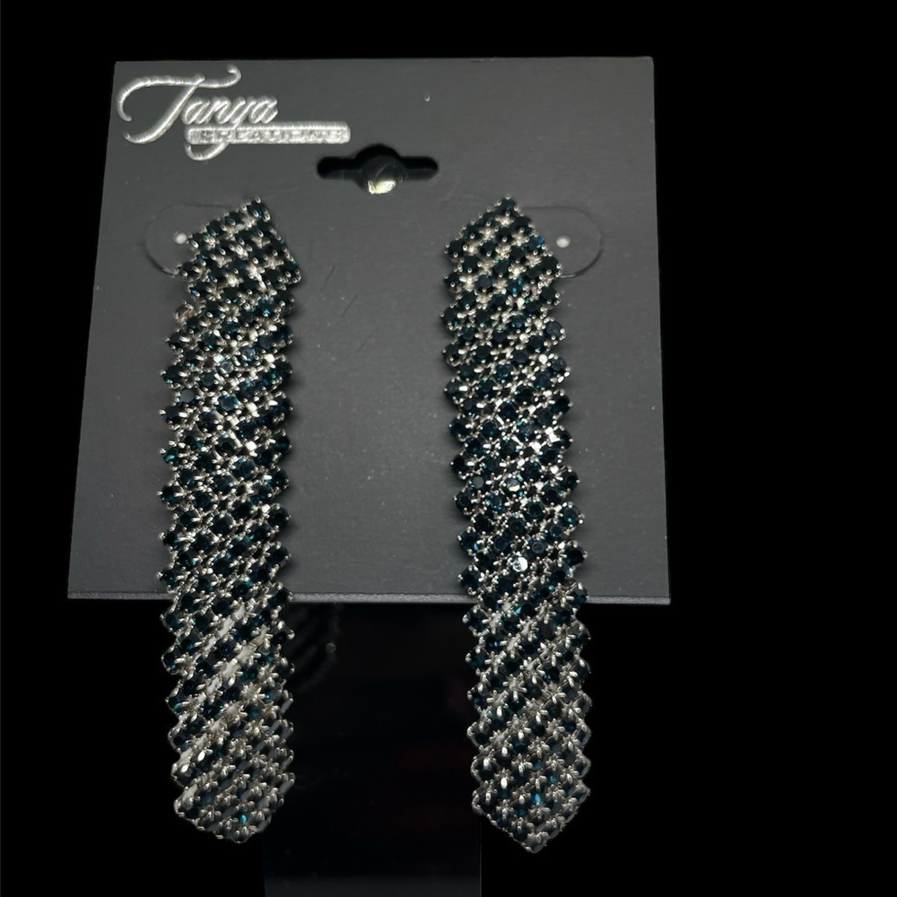 Tanya Creations Deep Teal Rhinestone 3” Earrings NWT